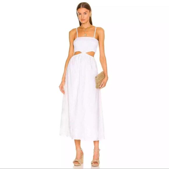 FAITHFULL THE BRAND Tayari Midi Dress 100% Linen White Beach Cutout US 8  299.00 - Picture 2 of 13